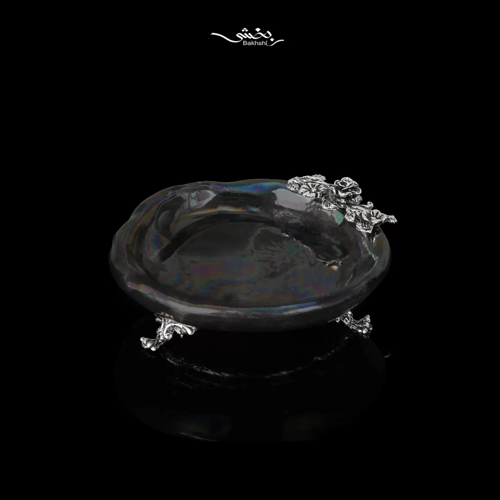 شیرینی خوری سرامیک نقره پایه دار شکوفه مشکی