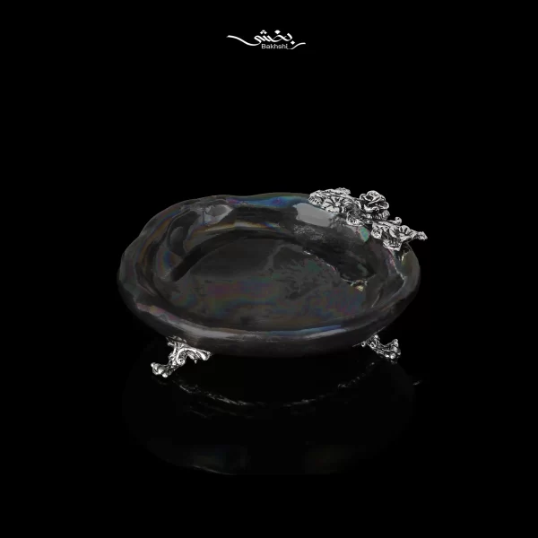 شیرینی خوری سرامیک نقره پایه دار شکوفه مشکی