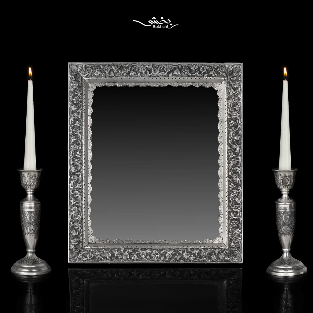 ست آینه مستطیل گل و مرغ و شمعدان تک شاخه قلم ترنج