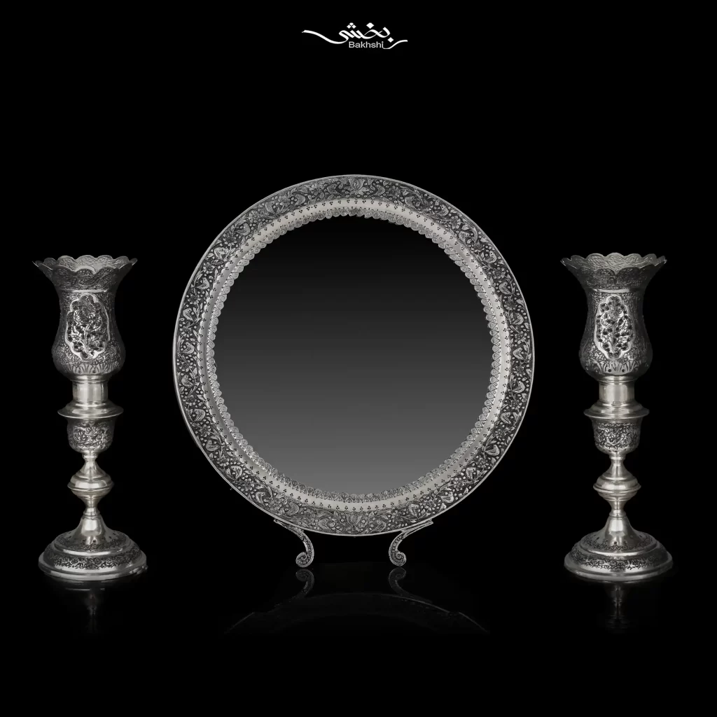 ست آینه گرد و شمعدان لاله بدون آویز گل و مرغ