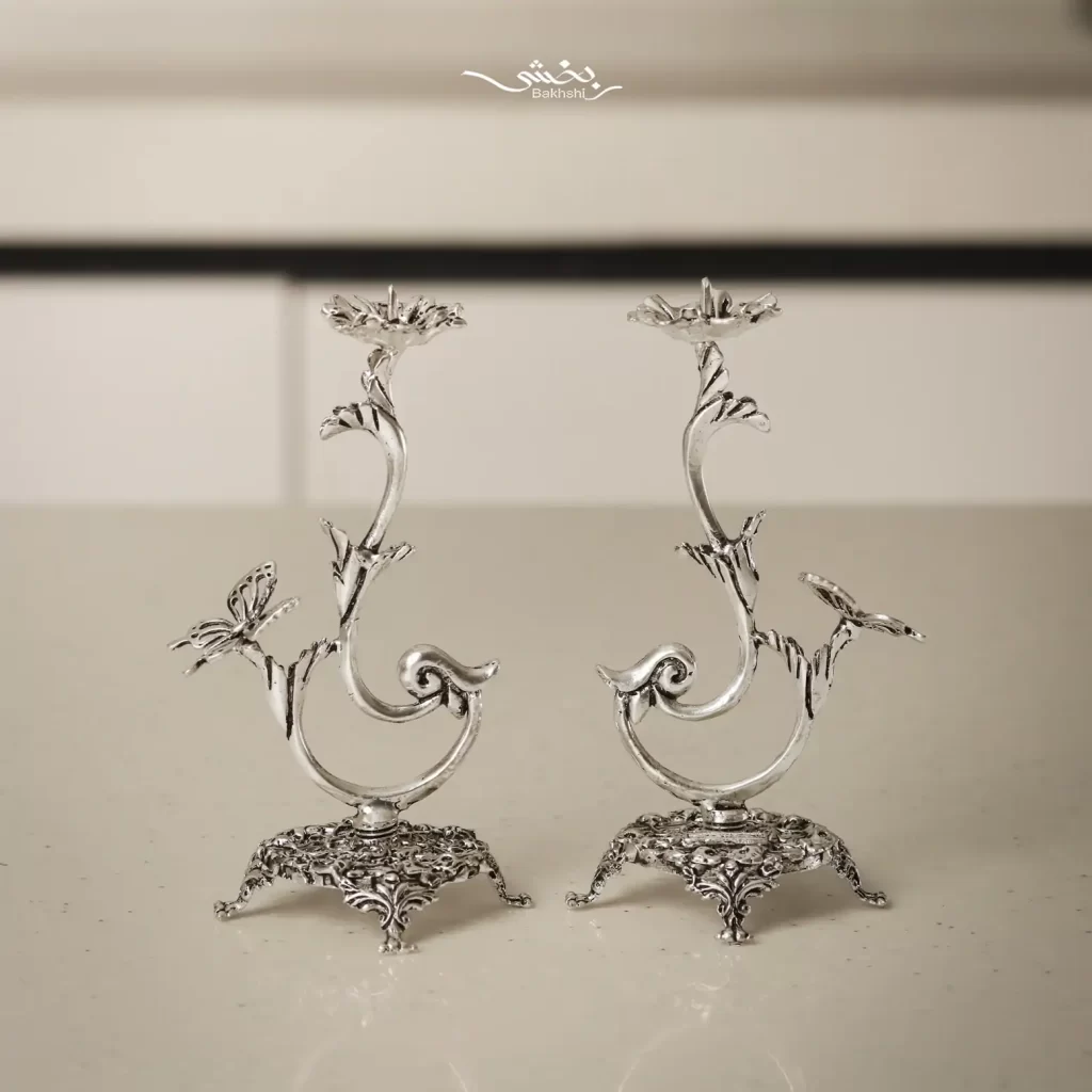 ست آینه و شمعدان پروانه نقره مدرن