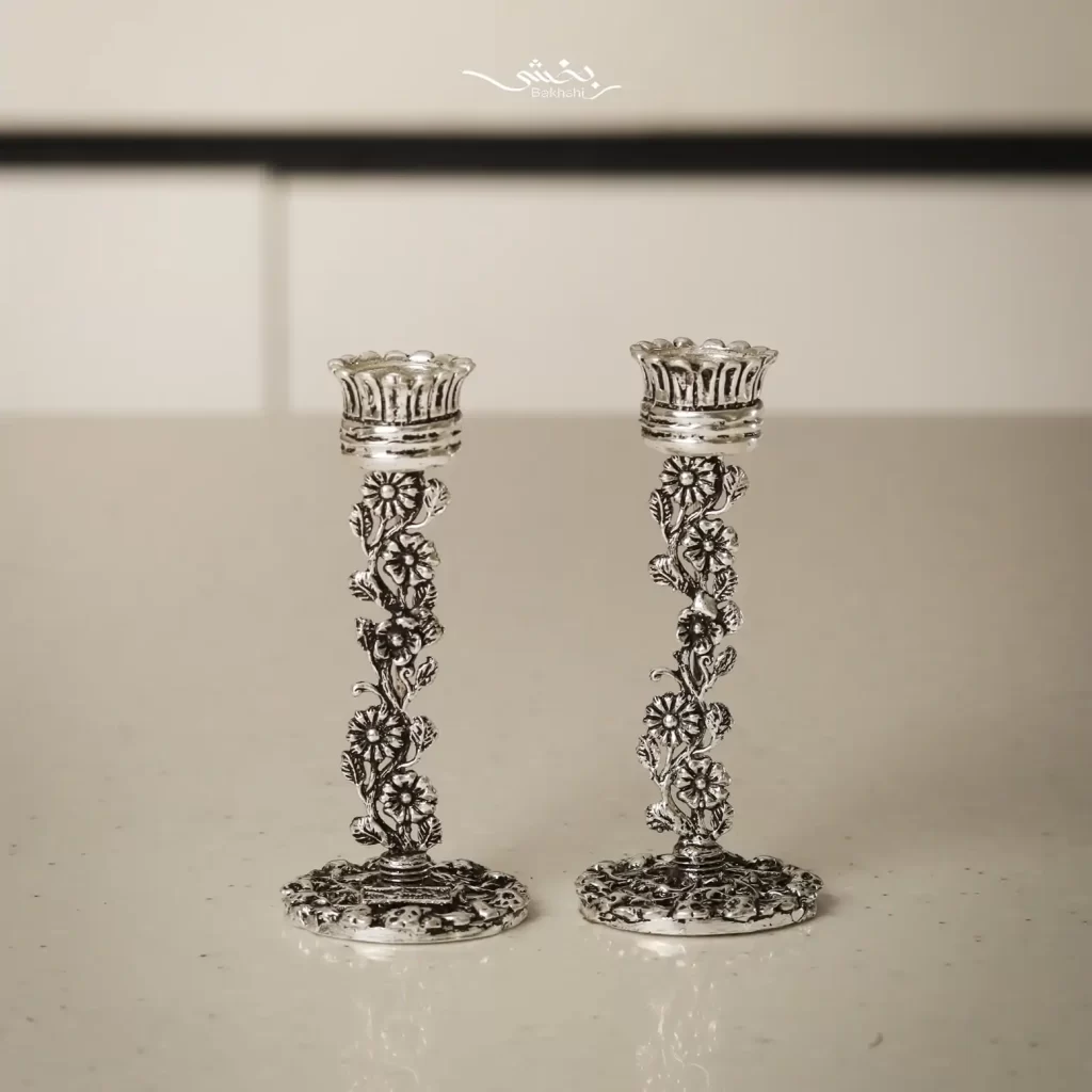 ست آینه گرد و شمعدان نقره شکوفه