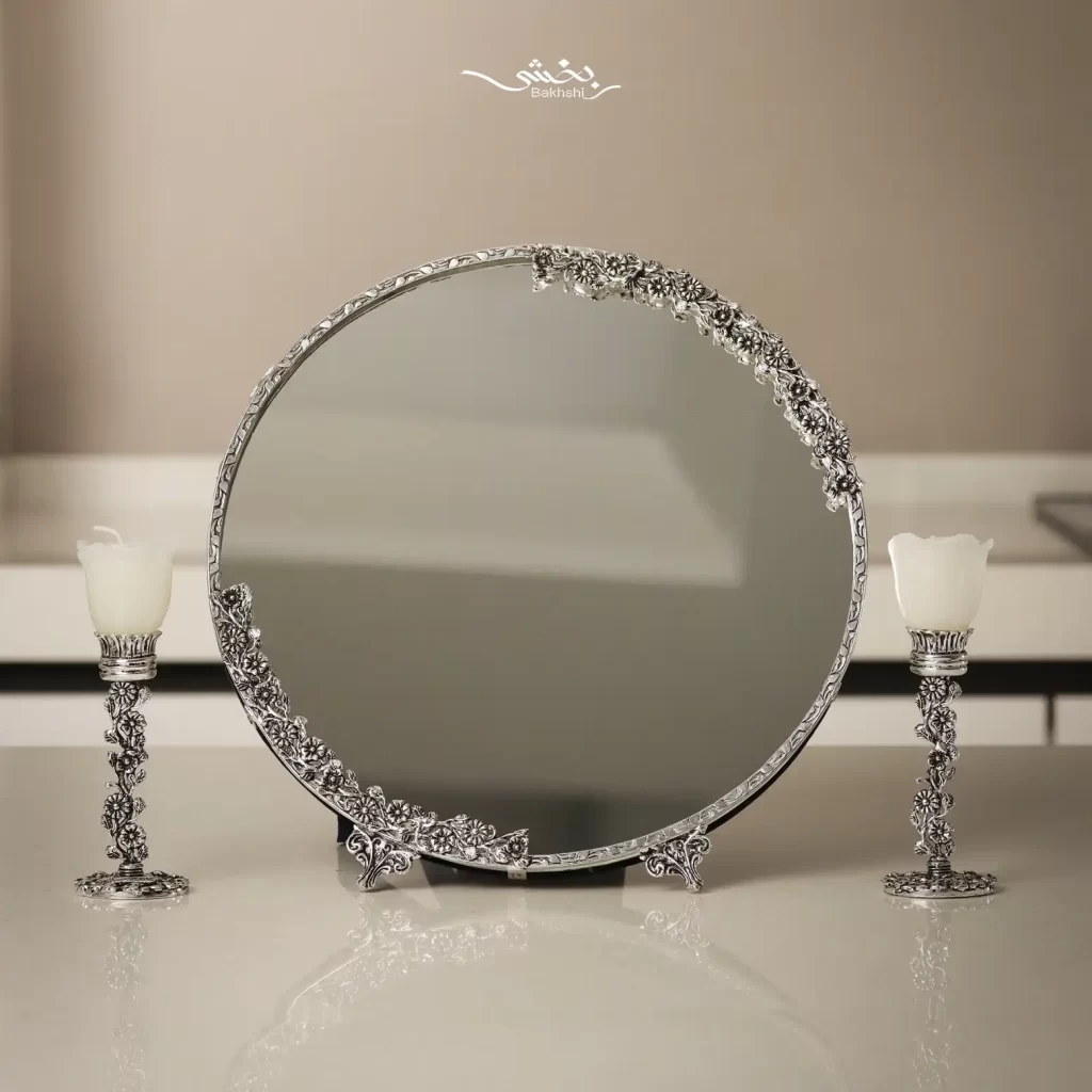 ست آینه گرد و شمعدان نقره شکوفه