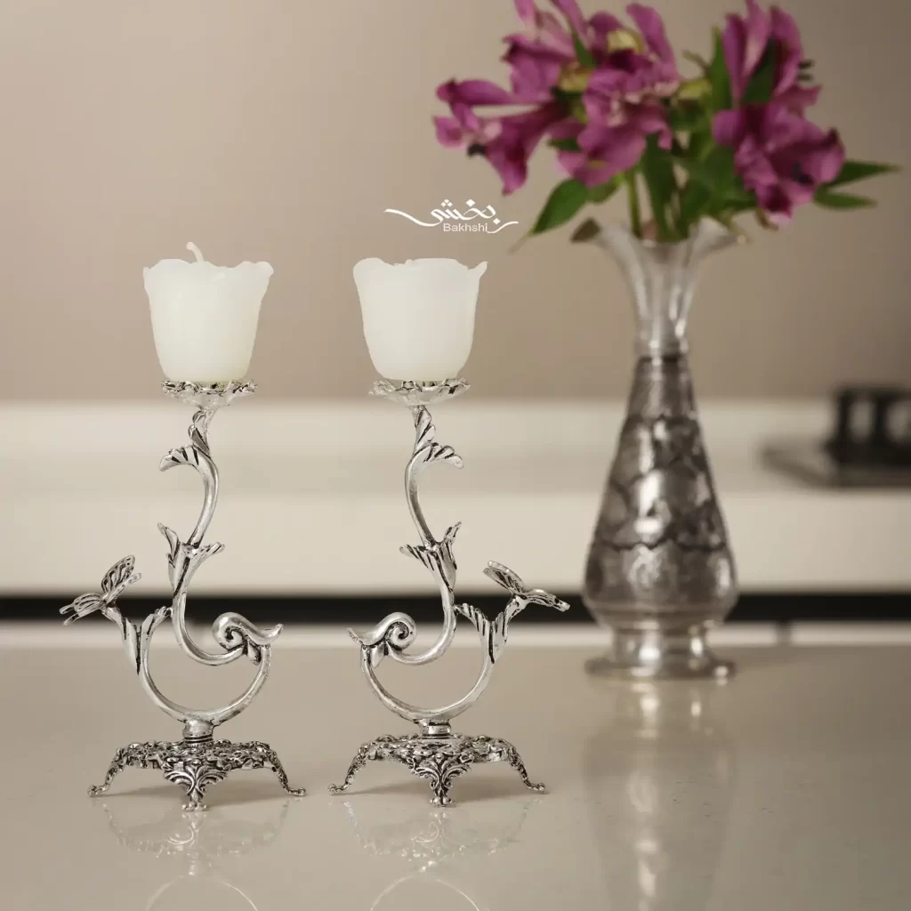 ست آینه و شمعدان پروانه نقره مدرن