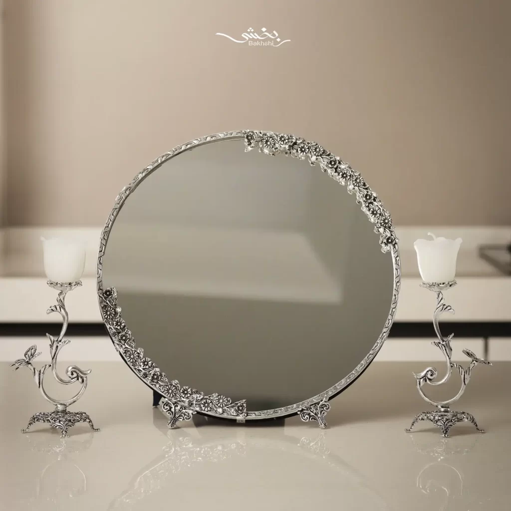 ست آینه و شمعدان پروانه نقره مدرن