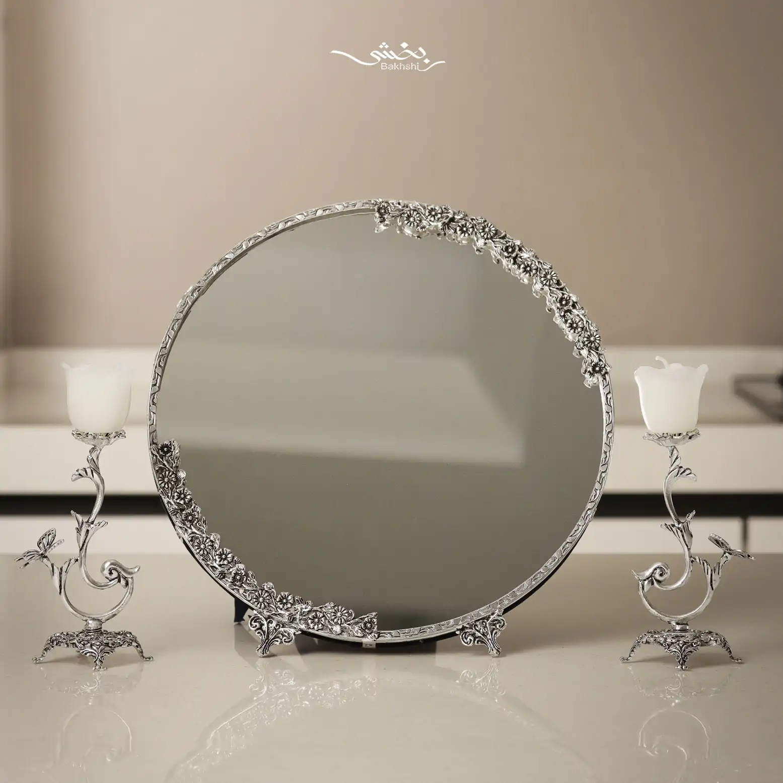 IMG_1520 ست آینه و شمعدان پروانه نقره مدرن