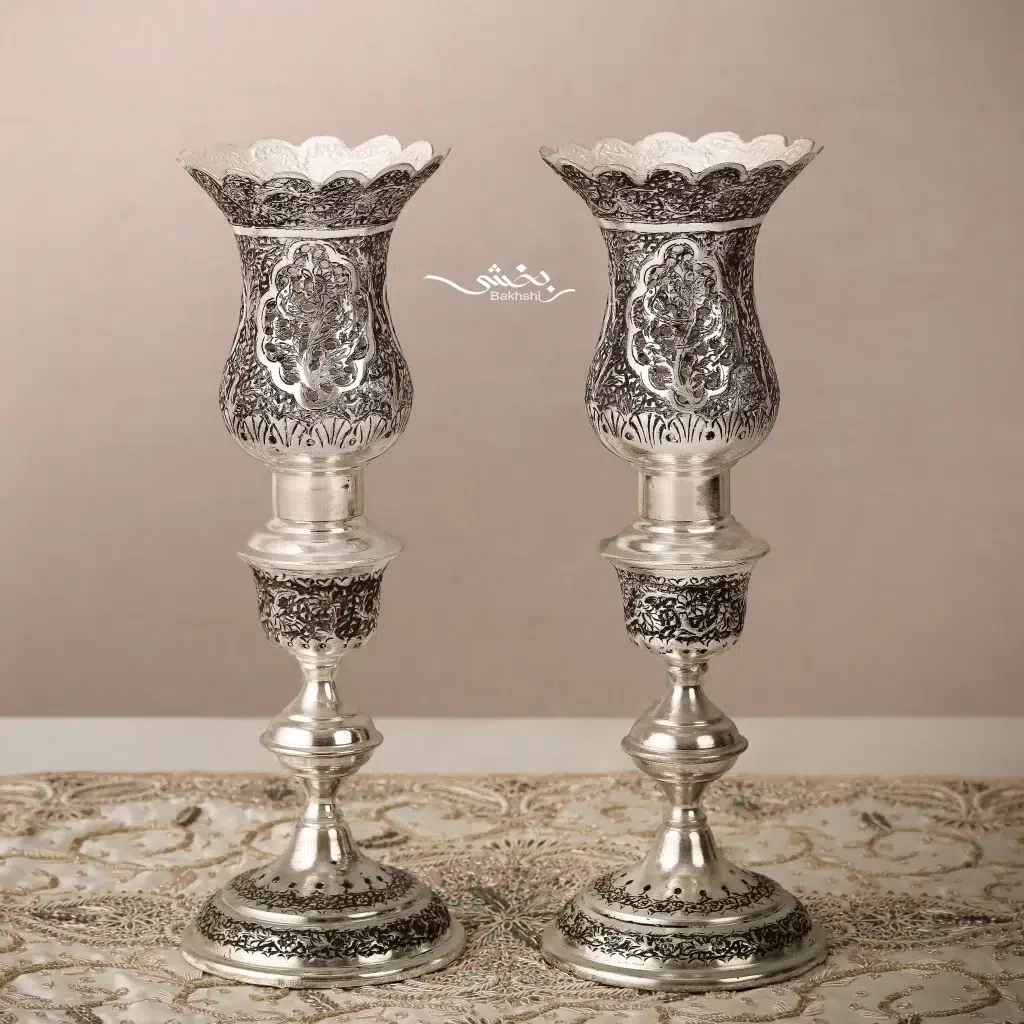شمعدان نقره حباب خور گل و مرغ