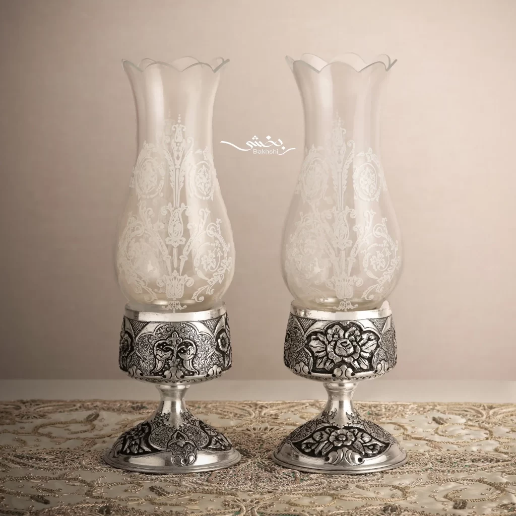 شمعدان نقره حباب خور پایه کوتاه گل برجسته درجه یک