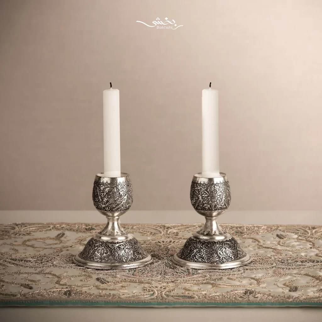 شمعدان نقره پایه کوتاه گل و مرغ درجه یک