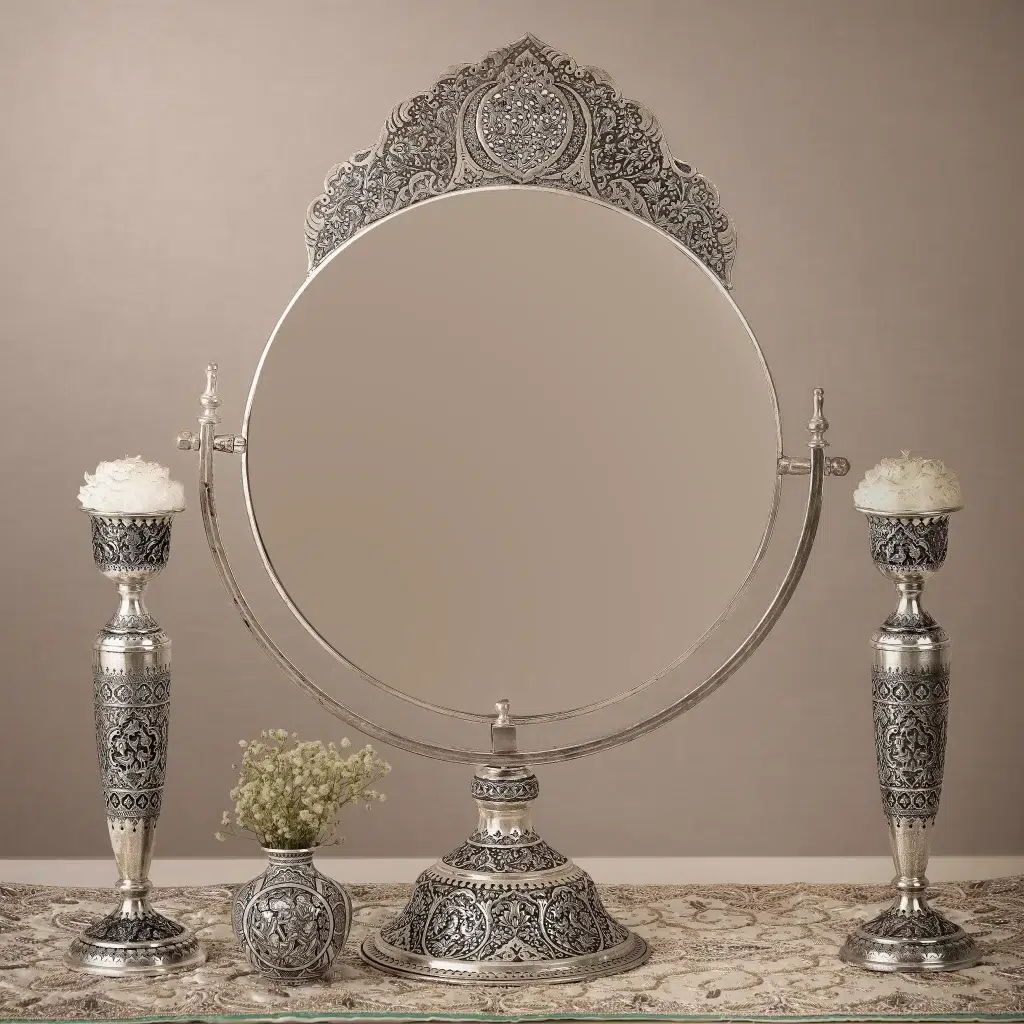 ست آینه نقره گهواره ای تاجدار و شمعدان گل و مرغ