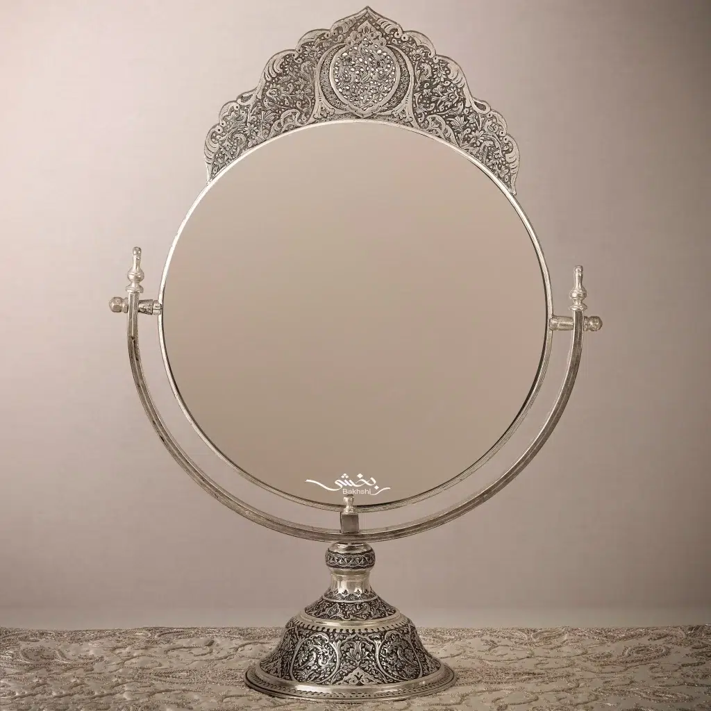 آینه نقره گهواره ای تاجدار گل و مرغ