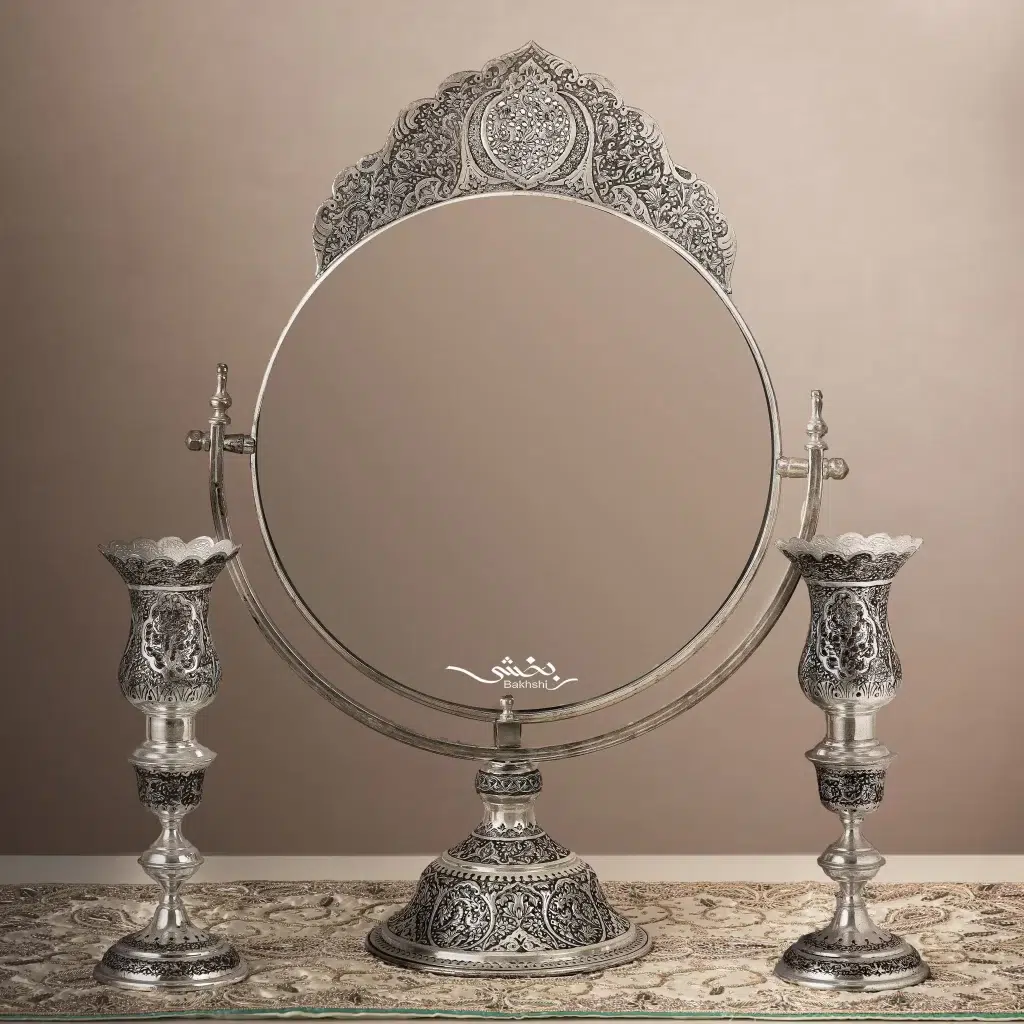 ست آینه نقره گهواره ای تاجدار و شمعدان حباب خور گل و مرغ