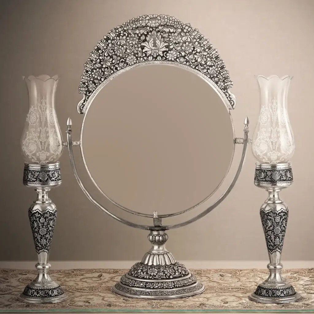 ست آینه نقره گهواره ای گل برجسته و شمعدان حباب خور گل و مرغ