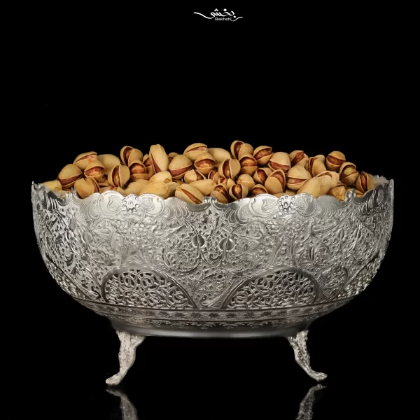 کاسه نقره گرد گل و مرغ پایه ریختگی