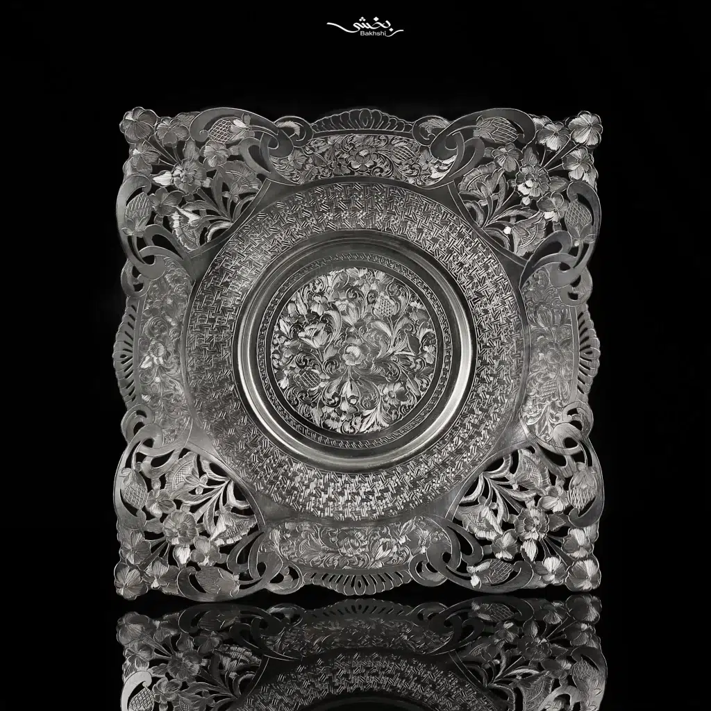 شیرینی خوری مربع نقره پایه ریختگی قلم تبریز