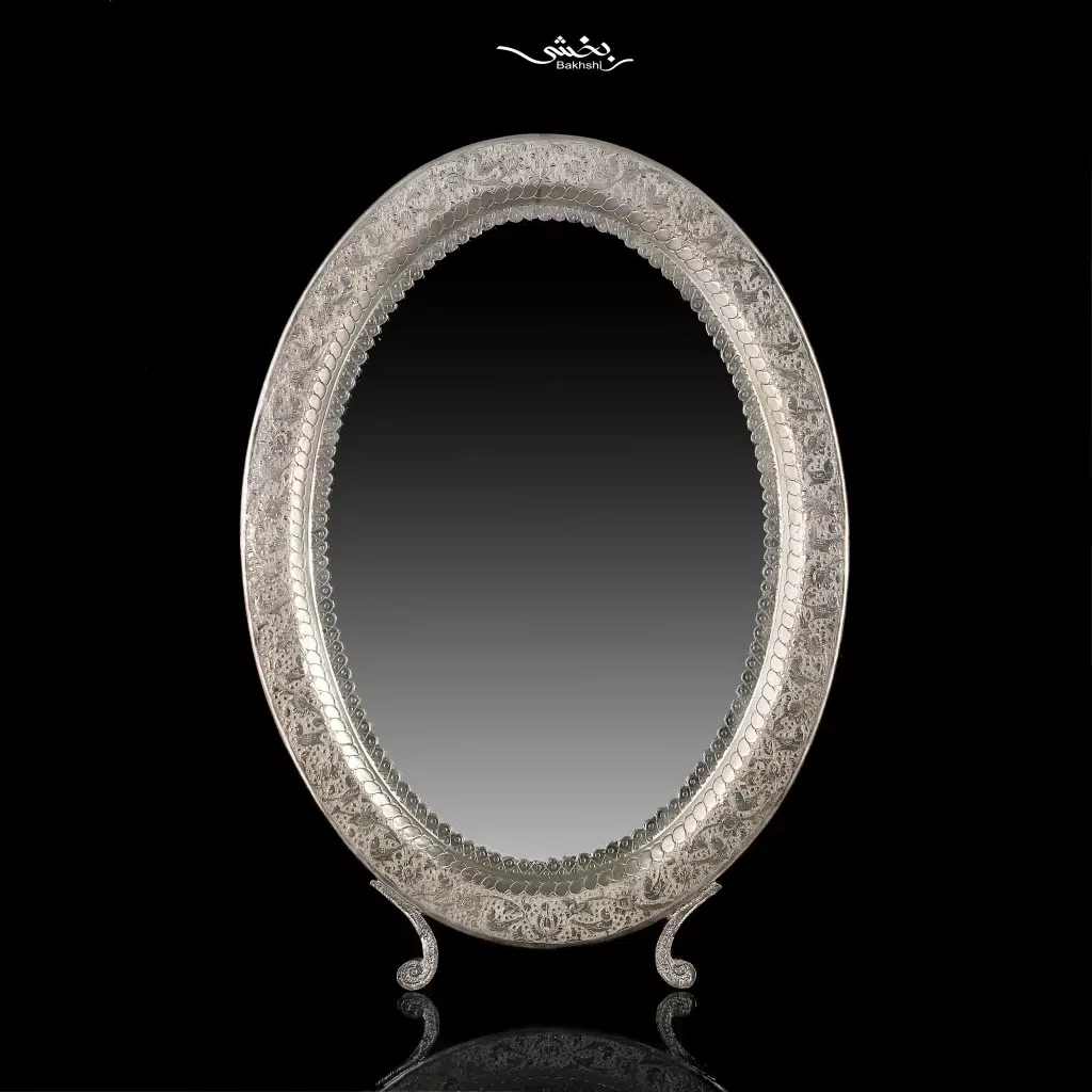 ست آینه بیضی و شمعدان نقره قلم گل و مرغ