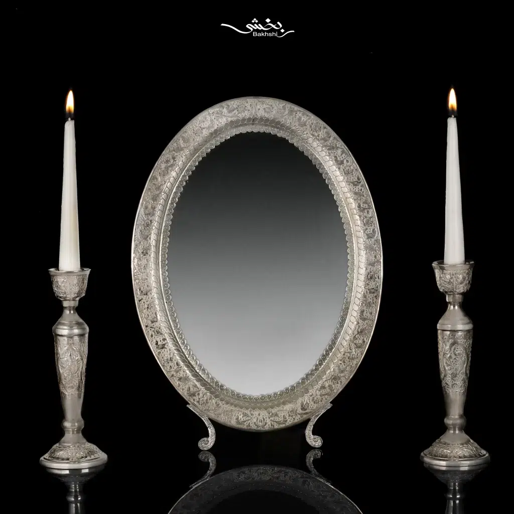 ست آینه بیضی و شمعدان نقره قلم گل و مرغ