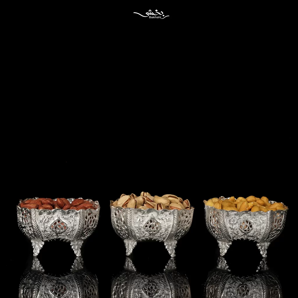 کاسه 6 عددی نقره پایه کوتاه مربع قلم گل و مرغ