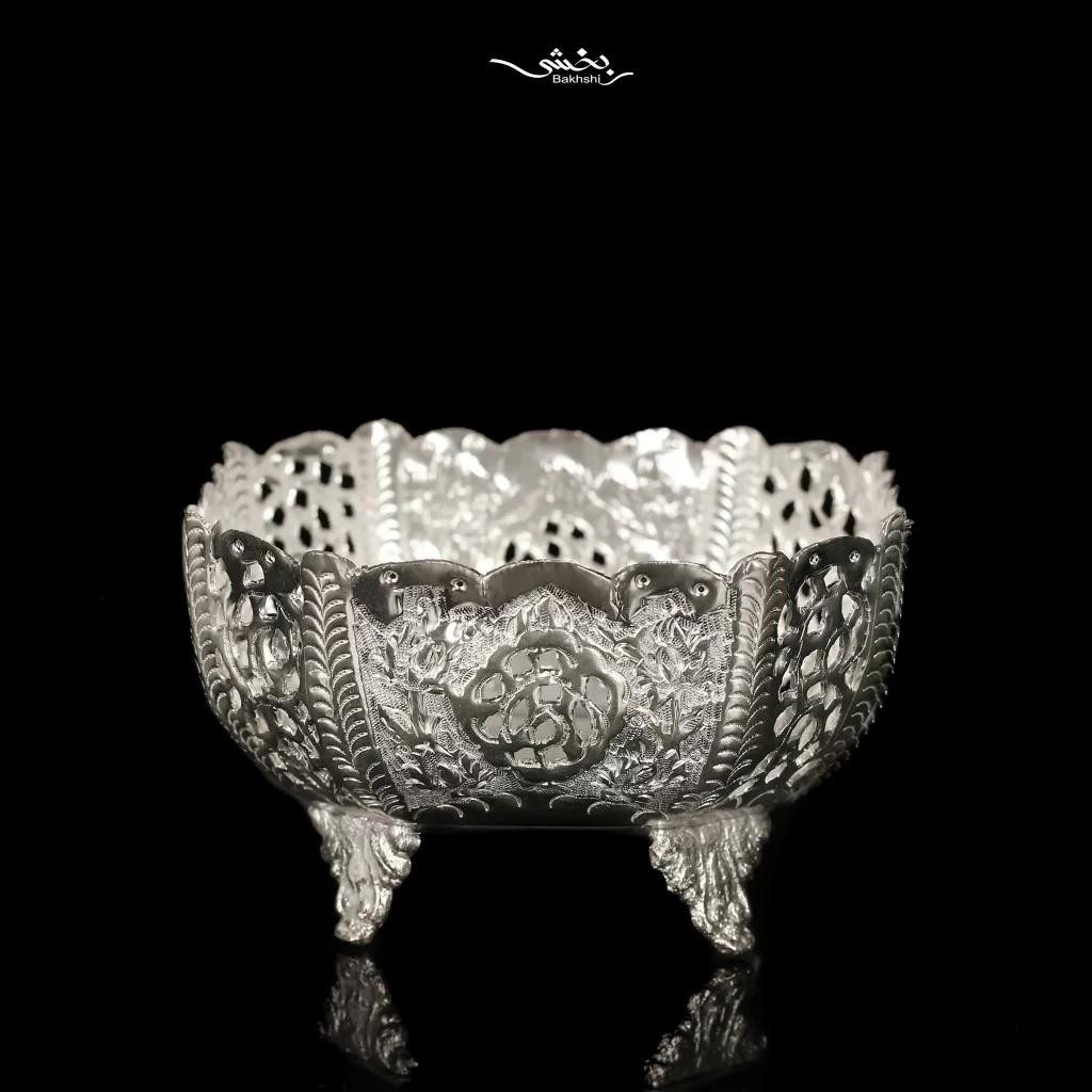 کاسه 6 عددی نقره پایه کوتاه مربع قلم گل و مرغ