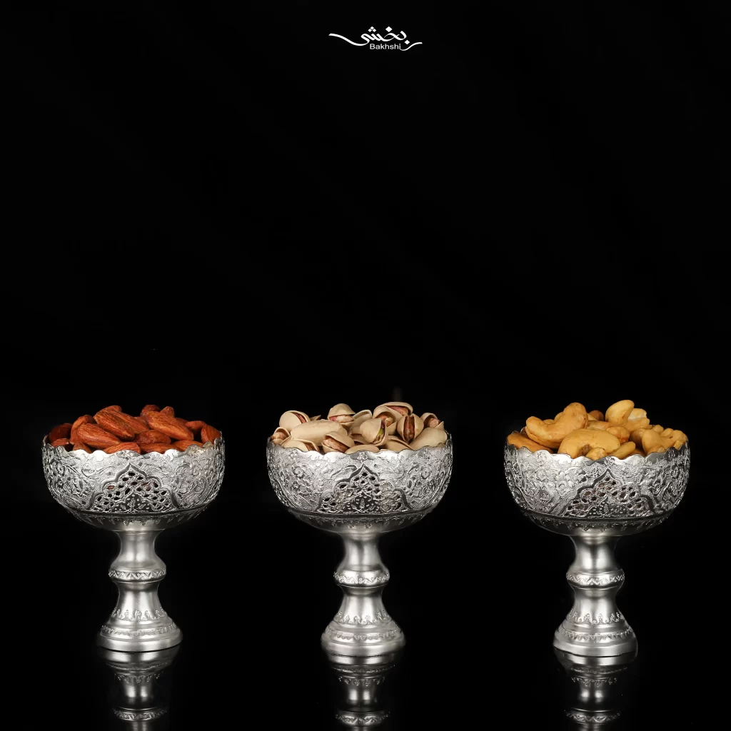 کاسه 6 عددی نقره پایه دار قلم گل و مرغ