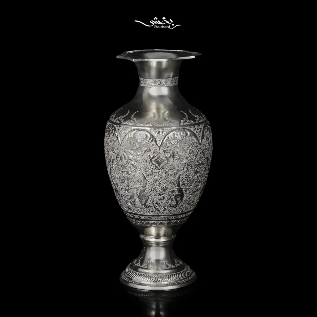 گلدان شکم دار نقره قلم گل و مرغ