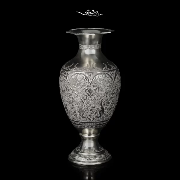 گلدان شکم دار نقره قلم گل و مرغ