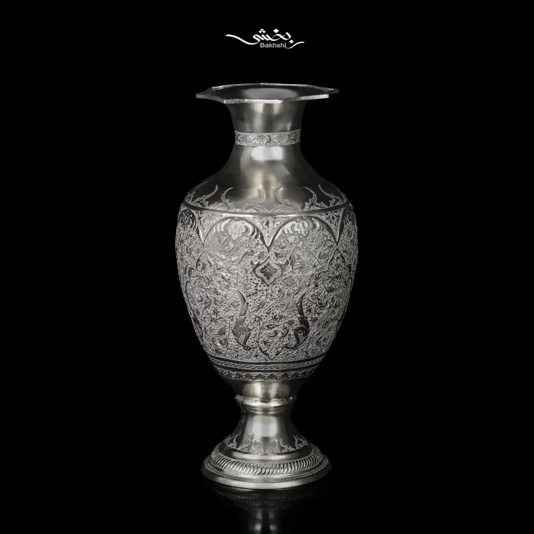 گلدان شکم دار نقره قلم گل و مرغ