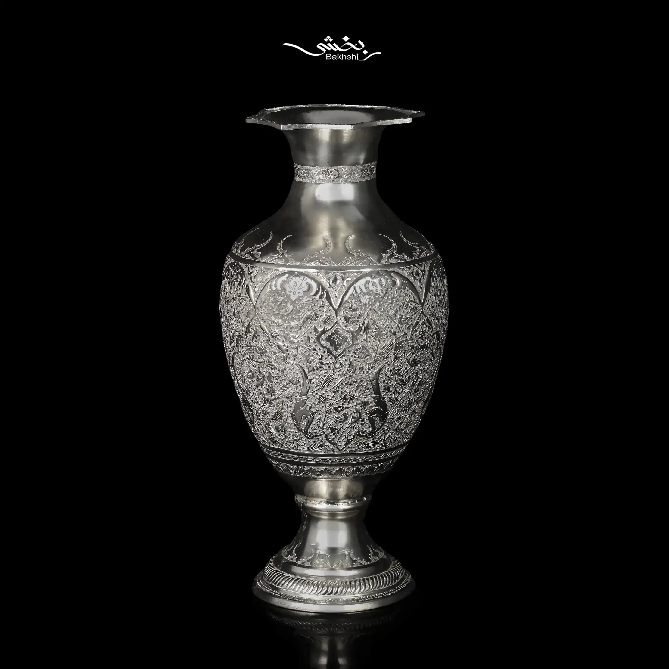 IMG_1535 گلدان شکم دار نقره قلم گل و مرغ