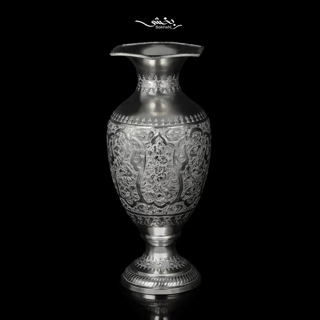 گلدان نقره شکم دار قلم گل و مرغ