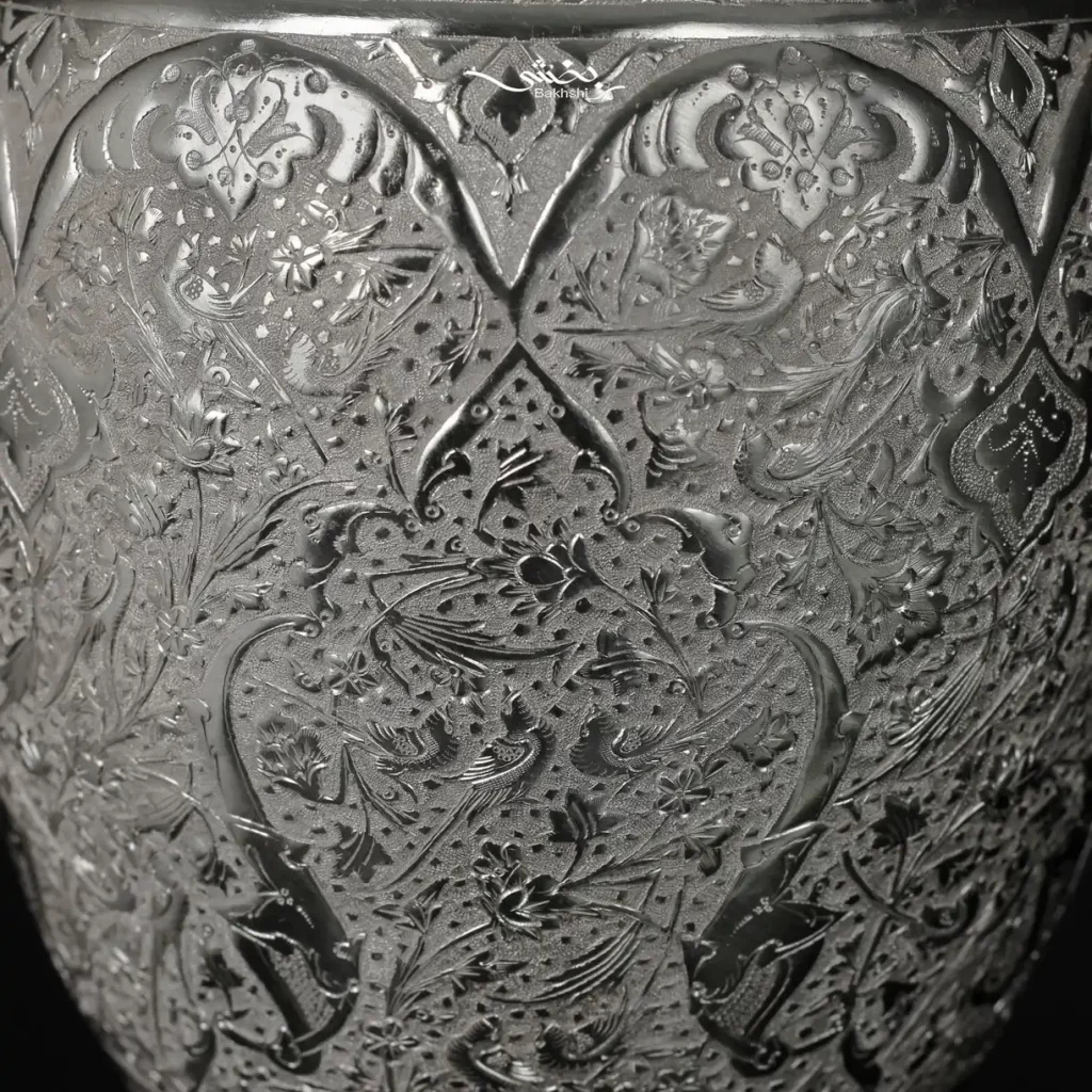 گلدان شکم دار نقره قلم گل و مرغ