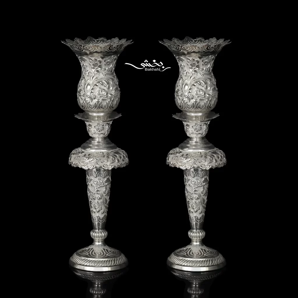شمعدان نقره لاله بدون آویز گل برجسته