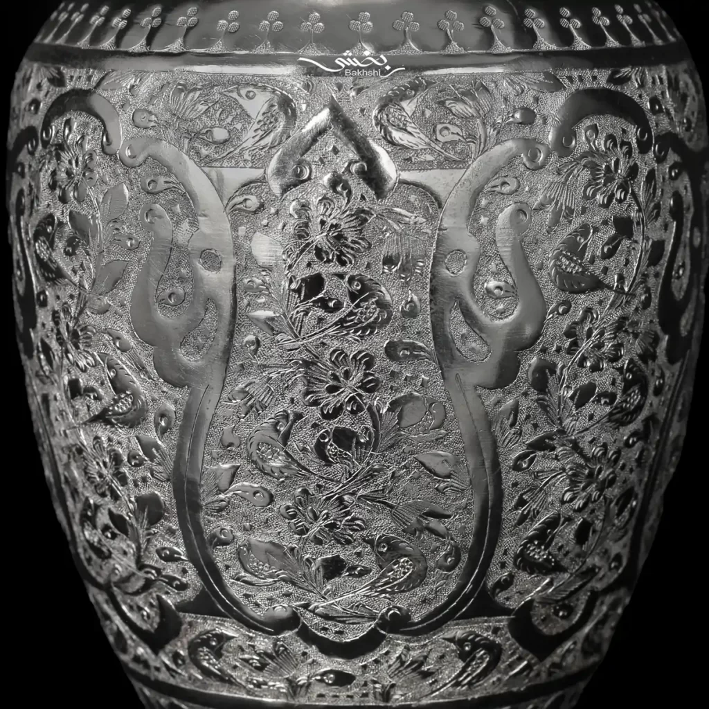 گلدان نقره شکم دار قلم گل و مرغ