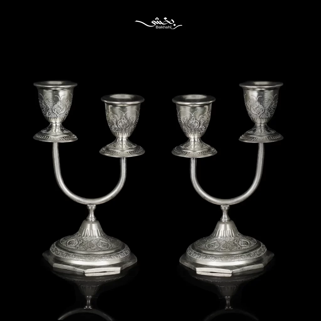 شمعدان نقره دوشاخه قلم ترنج