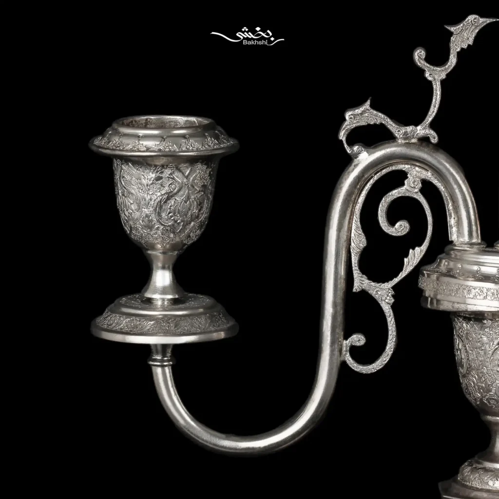 شمعدان نقره سه شاخه گل و مرغ