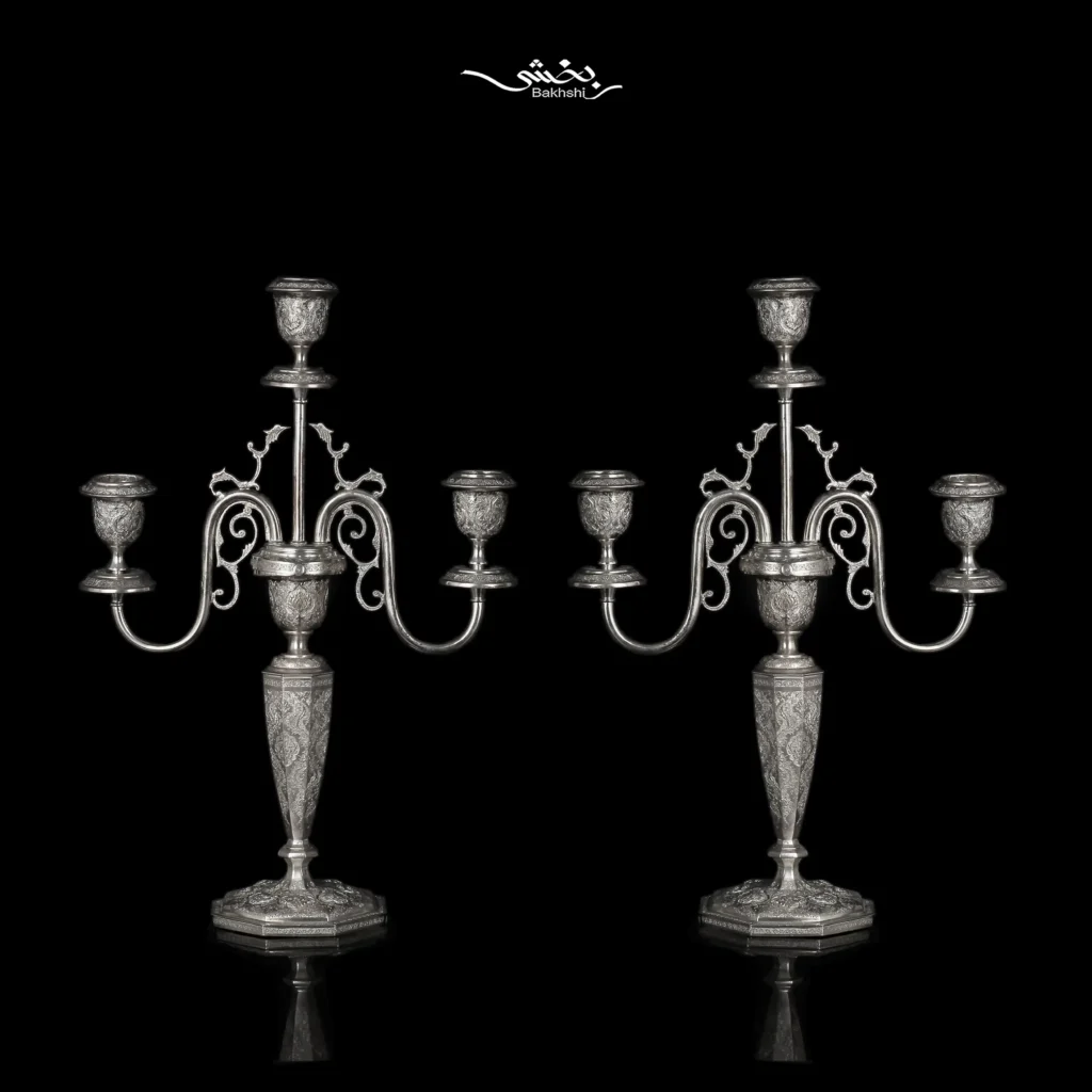 شمعدان نقره سه شاخه گل و مرغ