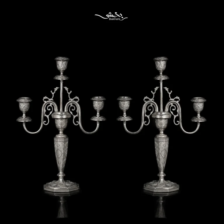 شمعدان نقره سه شاخه گل و مرغ