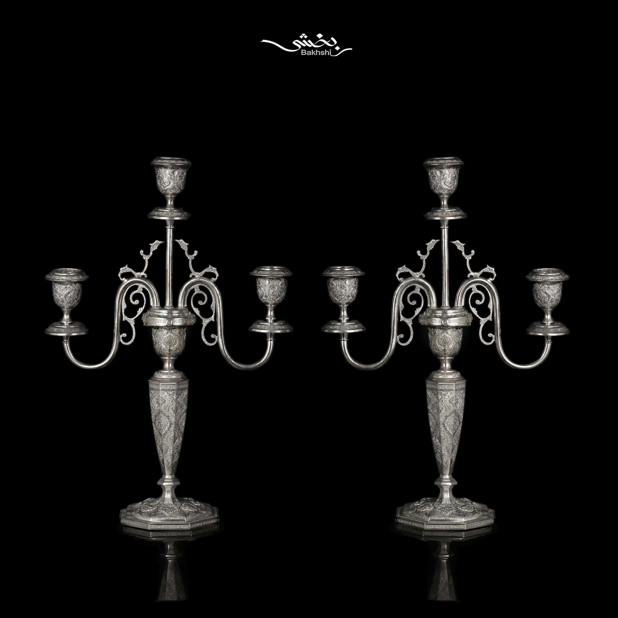 IMG_1550 شمعدان نقره سه شاخه گل و مرغ