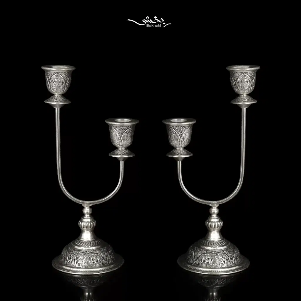 شمعدان نقره دوشاخه قلم مینیاتور اعلا