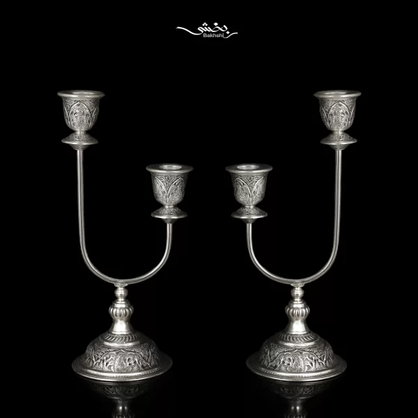 شمعدان نقره دوشاخه قلم مینیاتور اعلا