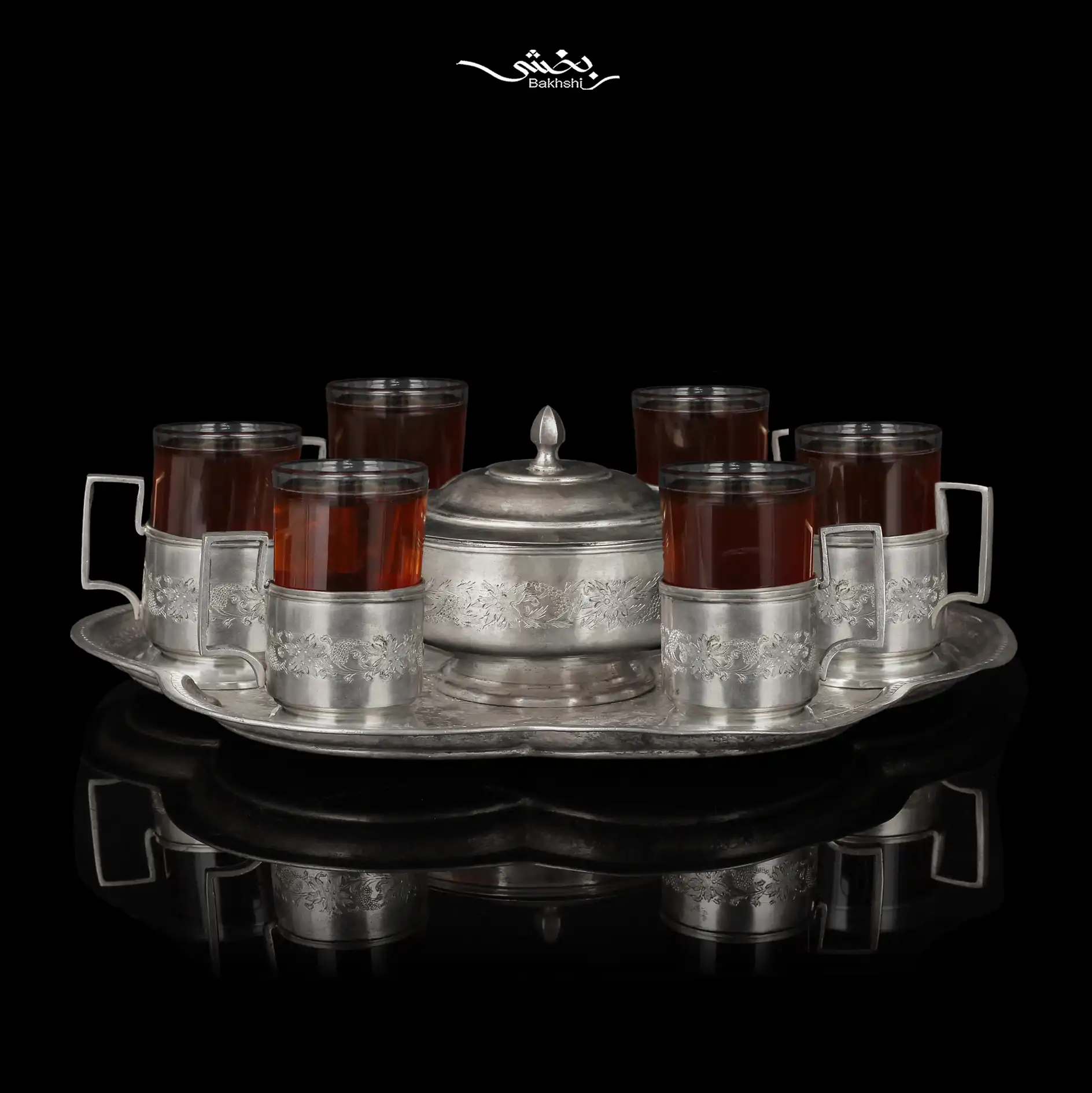 IMG_1629 ست چایخوری نقره قلم گل و بوته