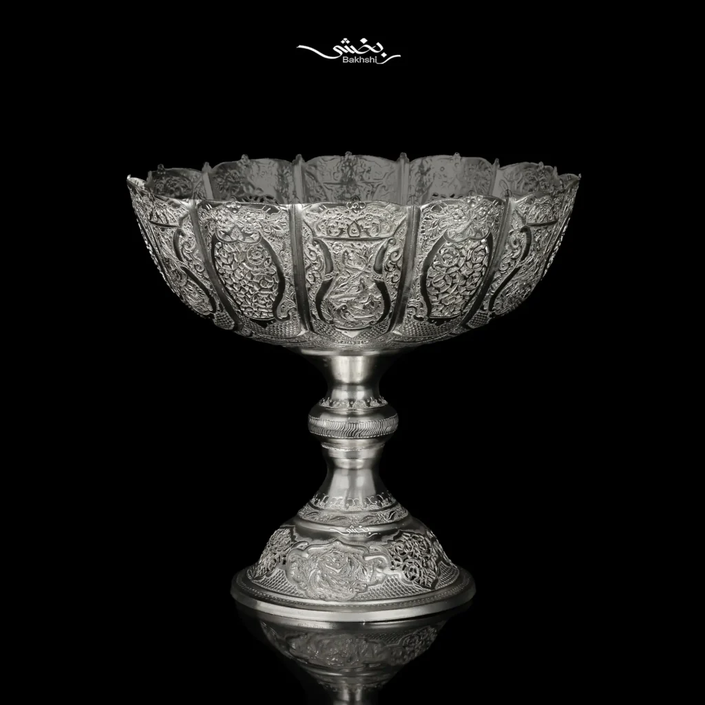 میوه خوری پایه دار نقره قلم گل و مرغ