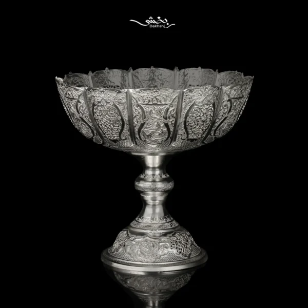 میوه خوری پایه دار نقره قلم گل و مرغ