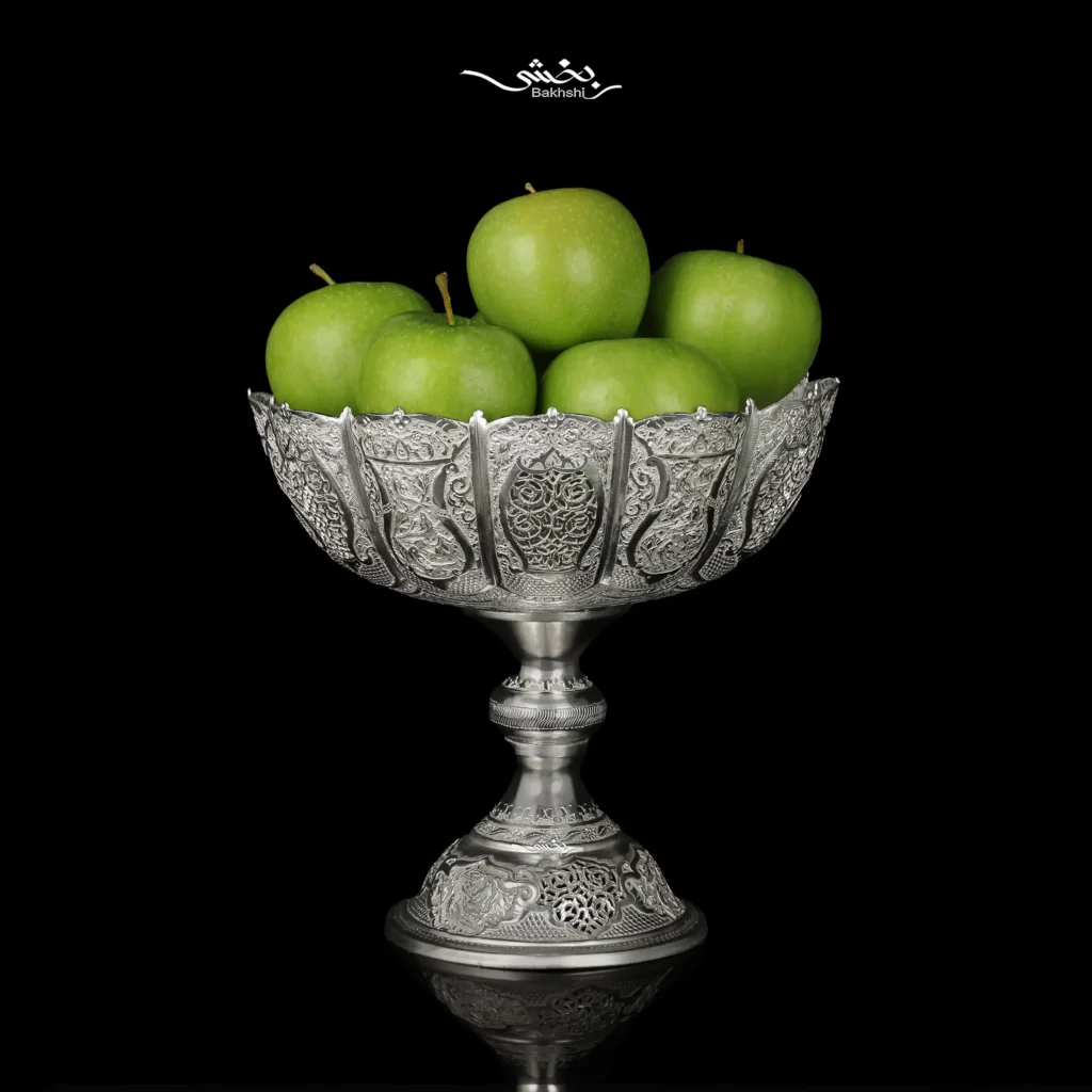 میوه خوری پایه دار نقره قلم گل و مرغ