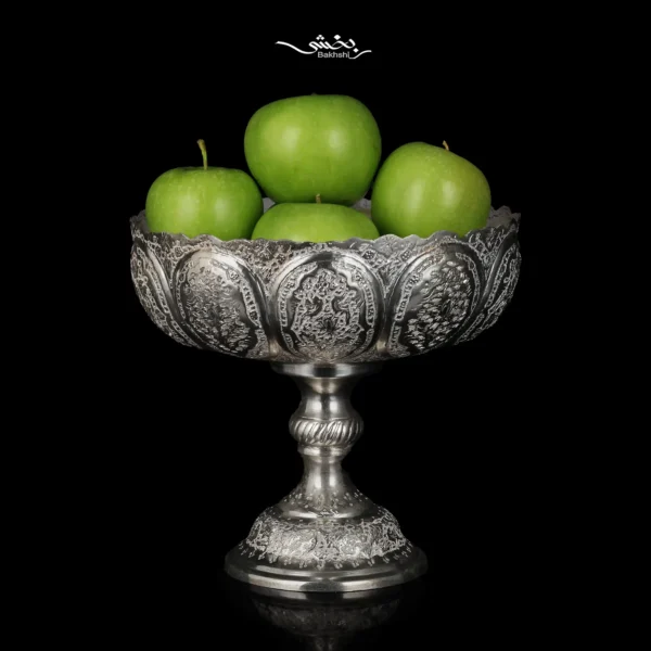 کاسه پایه دار نقره قلم گل و مرغ