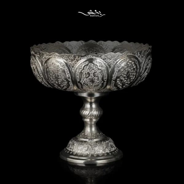 کاسه پایه دار نقره قلم گل و مرغ