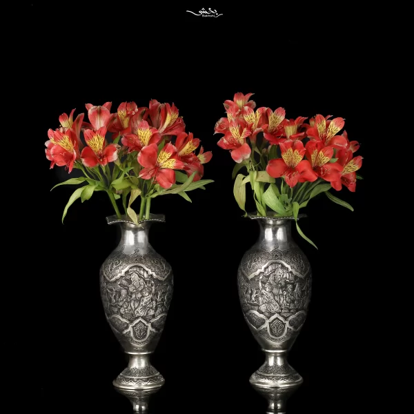 گلدان نقره شکم دار جفتی قلم مینیاتور