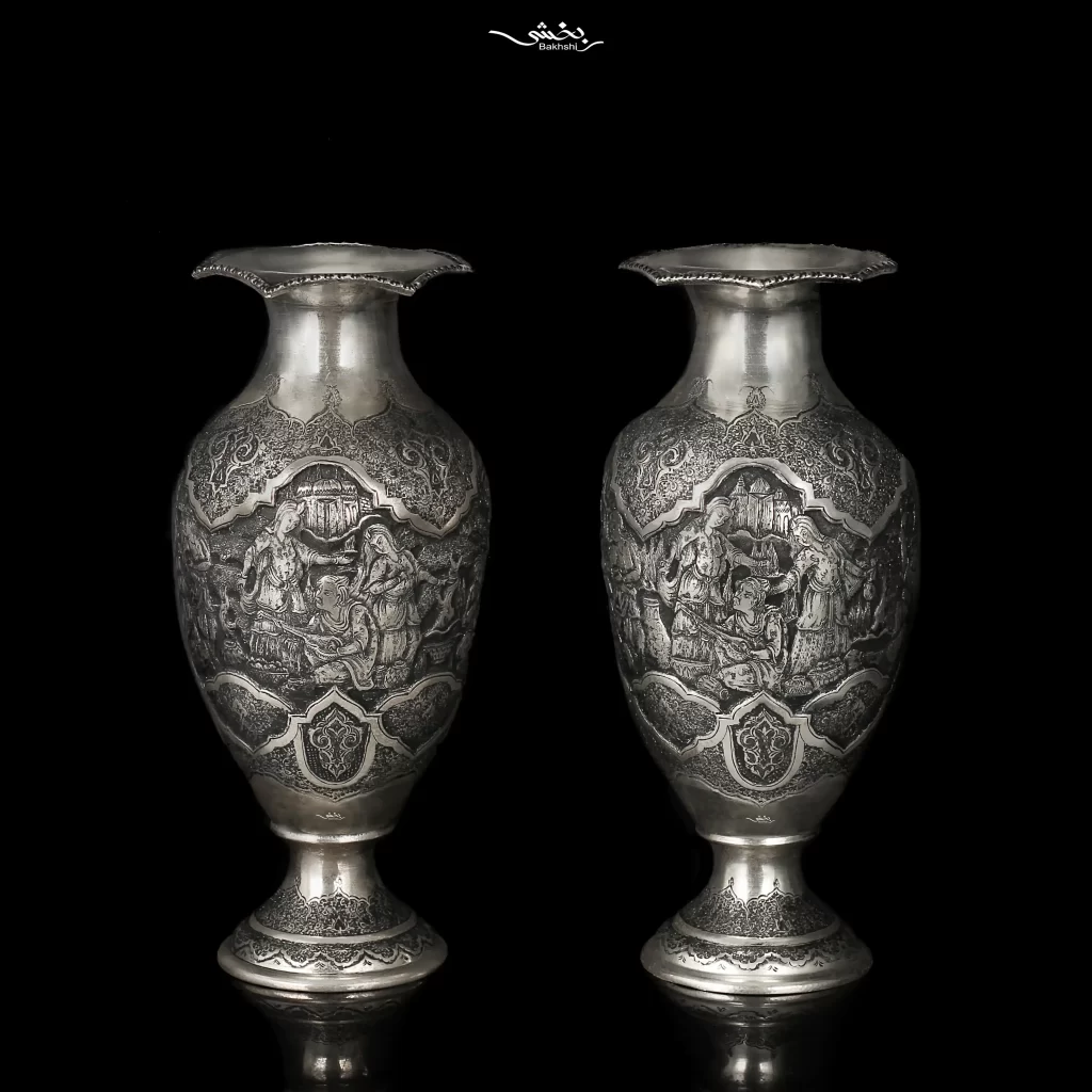 گلدان نقره شکم دار جفتی قلم مینیاتور