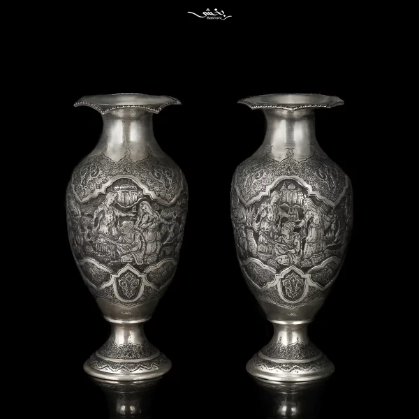 گلدان نقره شکم دار جفتی قلم مینیاتور