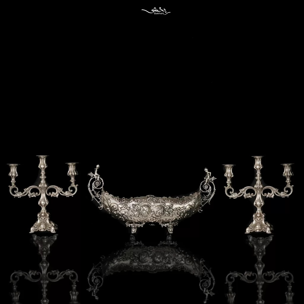 ست کشکول دسته دار و شمعدان سه شاخه نقره مدرن