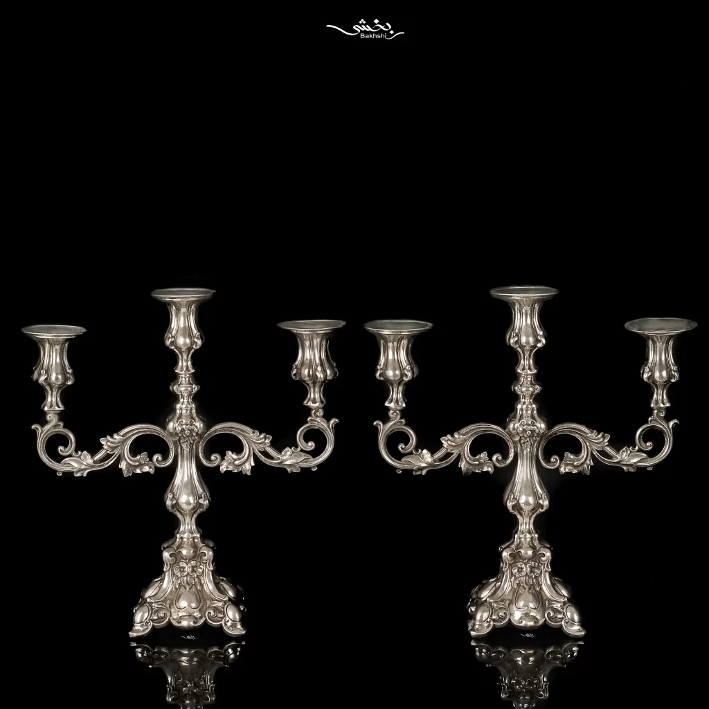 ست کشکول دسته دار و شمعدان سه شاخه نقره مدرن